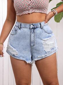 Breezaya Shorts en denim décontracté et déchiré pour le vacances en grande taille avec bord frangé