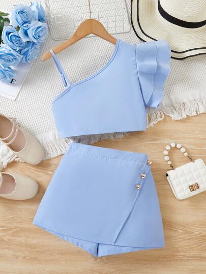 Sparklyn 少女夏季純色拼接荷葉邊不對稱上衣和連衣裙/裙子，甜美可愛2件套裝