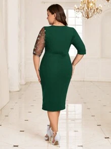 Reflora Plus Size Elegant Party Slim Fit Sequin Dress, Fall Women Teacher Outfit - Dark Green - View 2
