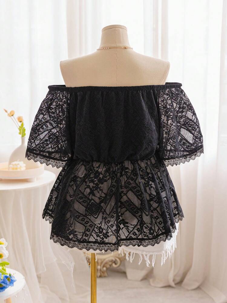 Plus Size Women's Black Lace Texture Semi-Sheer Fabric Off-Shoulder Waist-Cinching A-Line Top With Lace Hem, Vacation Style