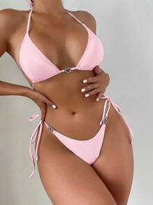 Swim Vcay 夏日沙灘女士純色領頸綁帶兩件式比基尼套裝，完美的度假泳裝