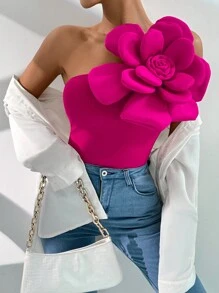 Chiquease 女款固色不對稱領口無袖上衣，具花卉裝飾，夏季優雅短袖襯衫