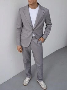 Manfinity Mode Men's Single-Button Blazer With Suit Pants, Suit Set - Grey - View 5