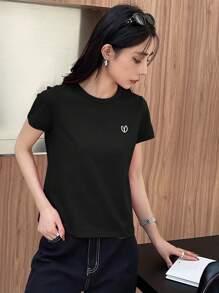 Dazy-Less 女士夏季心形刺绣圆领短袖T恤商务休闲女士工作服 - 黑色 - 查看 3