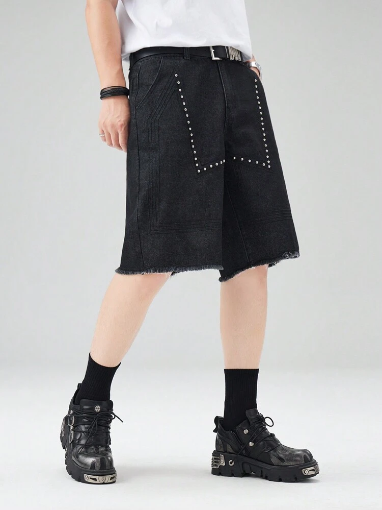 Men's Stud Decoration Patchwork Frayed Edge Wide-Leg Loose Fit Capri Jeans, Street Fashion And Vintage