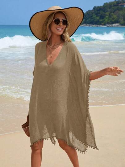 Swim Lushoire Women's Summer Beach Pom Pom Trim Loose Cover-Up Dress