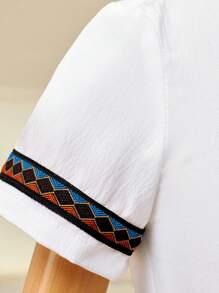 Baby Boy 2pcs/Set Spring/Summer White Shirt And Light Washed Denim Shorts Outfit For Infant Boys With Ramadan Themed Print - White - View 3