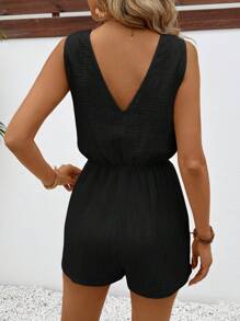SHEIN Frenchy Phụ nữ họa tiết nút trang trí dây thắt lưng co giãn mùa hè đơn giản Jumpsuit quần short quần short nữ rompers quần short vải lanh nữ áo liền quần thoải mái - màu đen - Xem 5