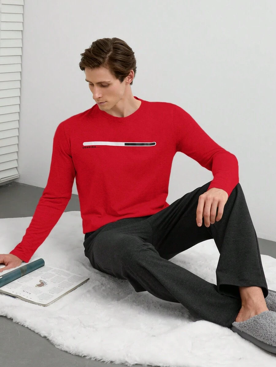 EURMUSE Men's Letter Printed Home Wear Set - Redwood - View 1