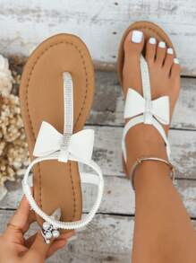Sandalias planas blancas para mujer con perlas, piedras brillantes, estilo juvenil, punta abierta, sexy y ligeras, decoradas con lazo, adecuadas para fiestas y playas - Multicolor - Ver 2