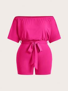 Slaydiva Plus Size Women's Casual Open Shoulder Solid Color Jumpsuit With Waist Belt, Short Length - C - Hot Pink - View 5