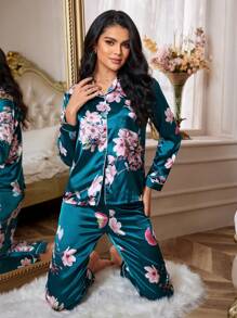 LuxeNights Satin Floral Print Button Front Lapel Collar Top & Pants Pajama Set, Fall Winter Clothes Cozy And Elegant Details