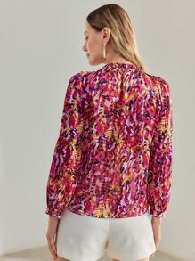 MOTF PREMIUM ALLOVER PRINT FRILL TIE NECK LANTERN SLEEVE BLOUSE