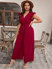 EMERY ROSE Plus Size Solid Color V-Neck Jumpsuit With Ruffle Edge And Waist Belt For Casual Summer For New Year Clothes - Red - View 4