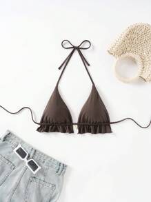 Swim Mod Bãi biển mùa hè dành cho nữ Màu trơn viền dây buộc dây buộc cổ Bikini gợi cảm - màu nâu - Xem 8