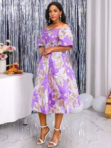 Vestido De Línea A Sexy Con Hombros Descubiertos Y Estampado Floral Jacquard - Morado - Ver 3