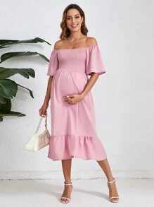 Maternity Summer Fashion Solid Color Off-Shoulder Dress - Pink - View 1