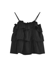 夏季休閒單色荷葉邊細肩帶短款上衣 - 黑色 - 查看 5