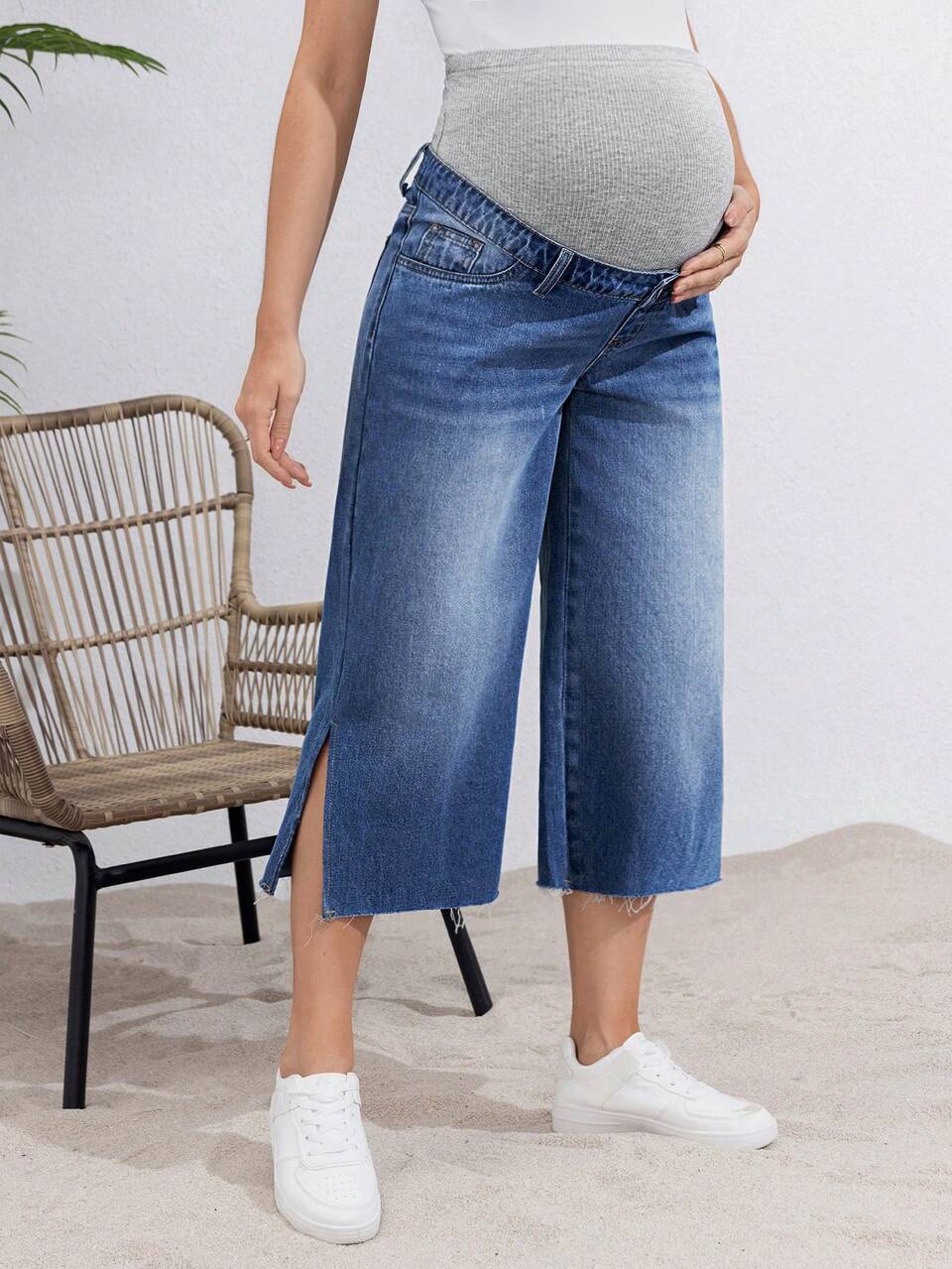 Maternity Casual Wide Leg Knitted Jeans With Split Hem And Adjustable Waist