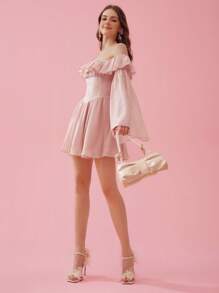 Enchnt Đầm trễ vai màu trơn lưng cao xếp li ô viền váy tay loe mùa hè - trắng - Xem 4