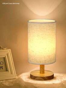 1pc Modern Nordic Linen Bedroom Lamp With Wooden Frame And Warm Led Usb Bedside Lamp, Suitable For Bedroom, Study, Etc.