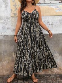 Breezaya 加大码 V 领印花系带长裙超长女装