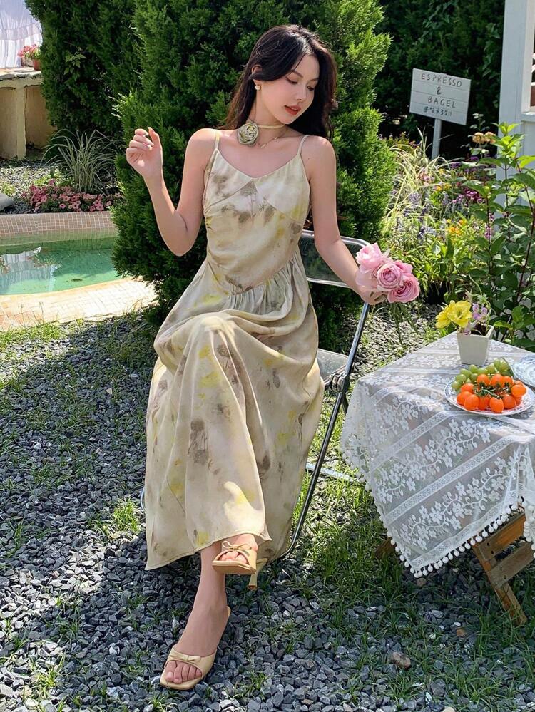 Tie-Dye Women's Summer Cami Dress With Back Tie Cruise Women Outfits Sundress Floral Maxi Dress