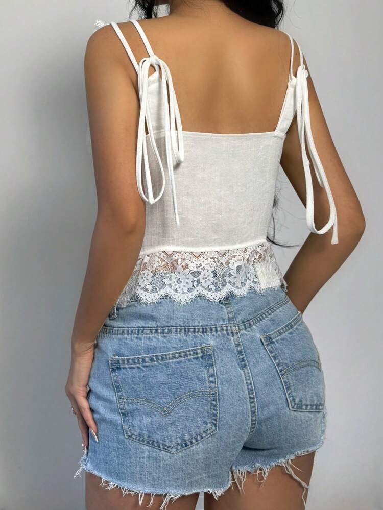 Summer Solid Color Lace Patchwork Pleated Sleeveless Top With Side Slits