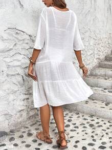 Chiquease Vestido de corte veraniego elegante y conciso para mujeres con corte, bordado y flecos en la cintura - Blanco - Ver 2