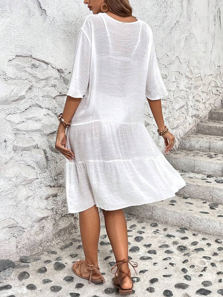 Ladies' Fashionable And Concise Summer Cut-Out Embroidery Fringe Belted Dress