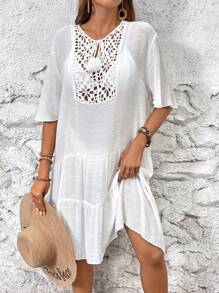 Chiquease Vestido de corte veraniego elegante y conciso para mujeres con corte, bordado y flecos en la cintura - Blanco - Ver 7