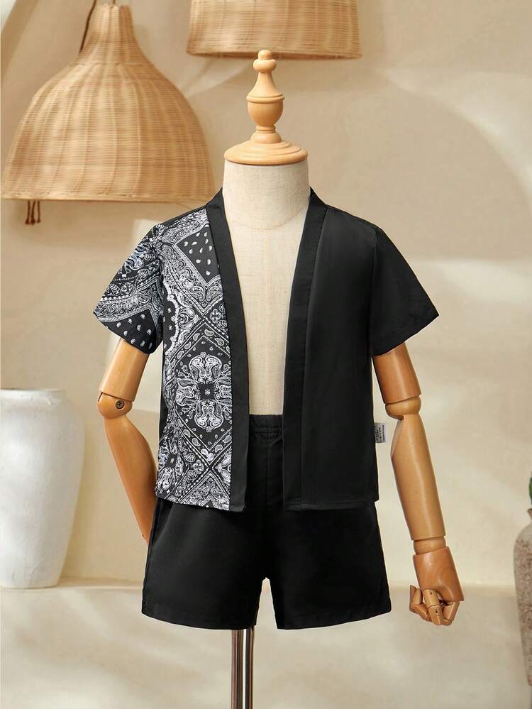 Baby Boy Paisley Printed Patchwork Short Sleeve Top And Solid Color Shorts Vacation Leisure Outfit