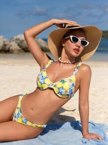 Swim Vcay Set de bikini sexy cu imprimeu floral de lamaie pentru plaja de vara