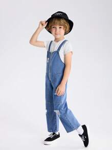 YOUNG BOY Casual Street Style Medium Blue Distressed Denim Overalls With Zipper Closure And Patch Decoration For Adjustment
