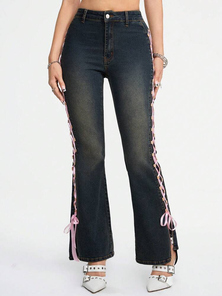 Ladies' Fashion Solid Color Tie Band Jeans