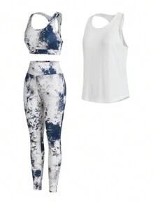 SHEIN Sport Studio Black Loose Vest + Printed Tight Vest + Printed Tight Long Pants Three-Piece Setwomen Workout Set Women Leggings Set