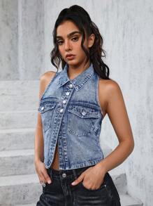 SHEIN EZwear Women's Simple Solid Color Denim Vest Top For Daily Wear - Medium Wash - View 4