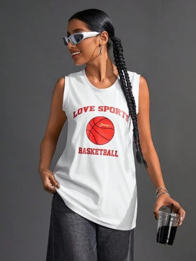 SHEIN Sports Women's Round Neck Basketball Printed Sleeveless Sports Tank Top, Summer