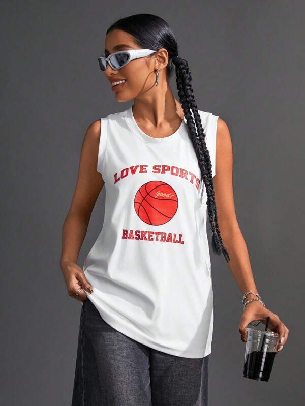 Streetz SHEIN Sport Maieu sport fără mâneci cu imprimeu de baschet cu gât rotund, vară