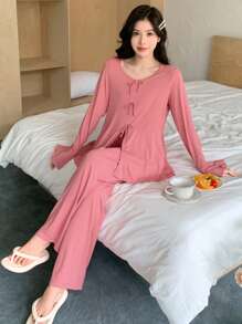 DAZY 针织蝴蝶结腰带荷叶边下摆长袖上衣和裤子家居服套装，秋季睡衣 - 粉色 - 查看 7