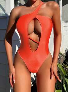 Swim SXY Women's Solid Color Asymmetrical Neckline Hollow Out Sexy One-Piece Swimsuit Bathing Suit For Summer Beach