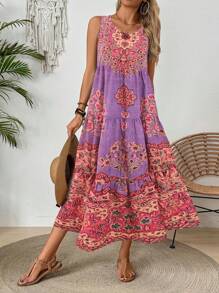 Breezaya Casual Vacation Print Ruffle Hem Sleeveless Dress Maxi Vacation Beach Outfits Women - Pink - View 2