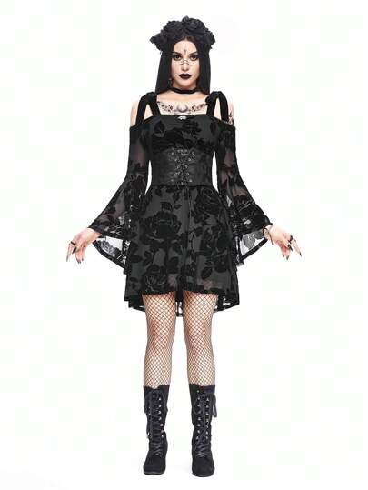 Goth Women's Off-Shoulder Fluffy Botanical Snake Pendant Swing Dress With Bell Sleeves