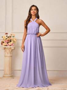 SHEIN Belle Vestido de dama de honor de línea A holgado y sin espalda, elegante y romántico con parches de encaje y chifón de color lila claro con cierre de gancho y ojo al cuello estilo halter - Púrpura malva - Ver 2