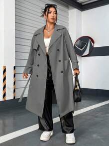 Flirla Casual College American Retro Double Breasted Trench Coat With Suit Collar, Lapel And Side Pocket, Long Style Fall Winter Cloth For Women Autumn - Light Grey - View 4