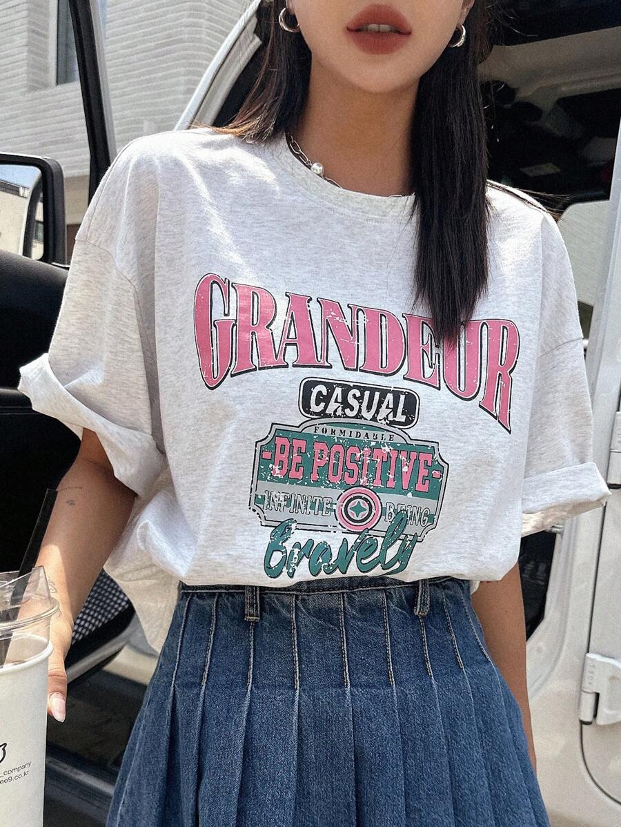 DAZY 女裝夏季寬鬆圓領短袖T恤，掉肩設計，字母印花