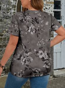 EMERY ROSE Camiseta de talla grande para mujer con escote en V y diseño retro de flores verdes para ocasiones informales de verano - Gris - Ver 2