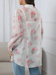 Mulvari Camisa de estilo vacacional para mujer con estampado floral de manga larga
