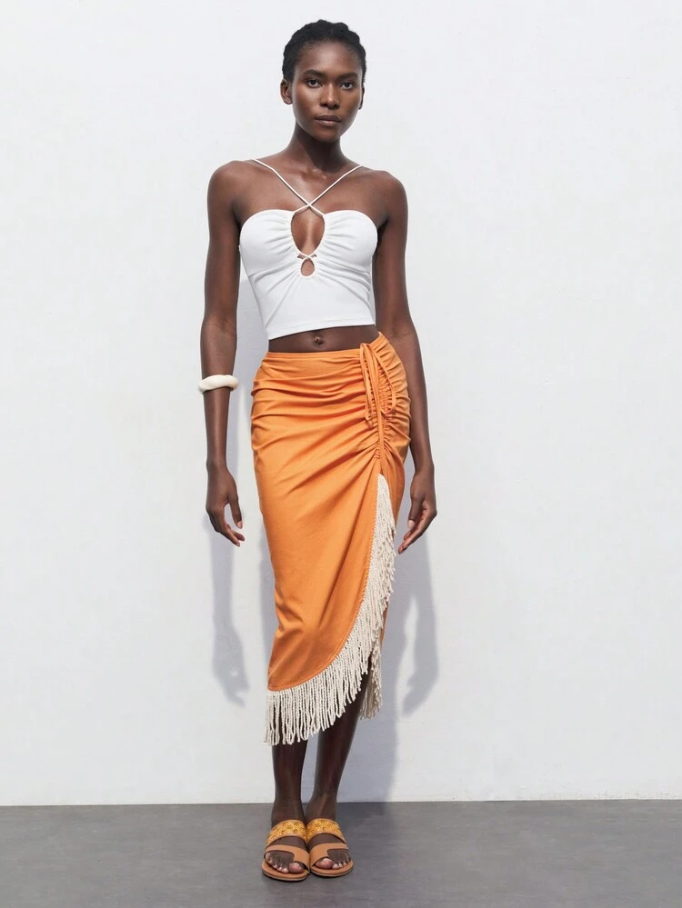 SHEIN Maija Women's Summer Holiday Fringed Hem Pleated Skirt