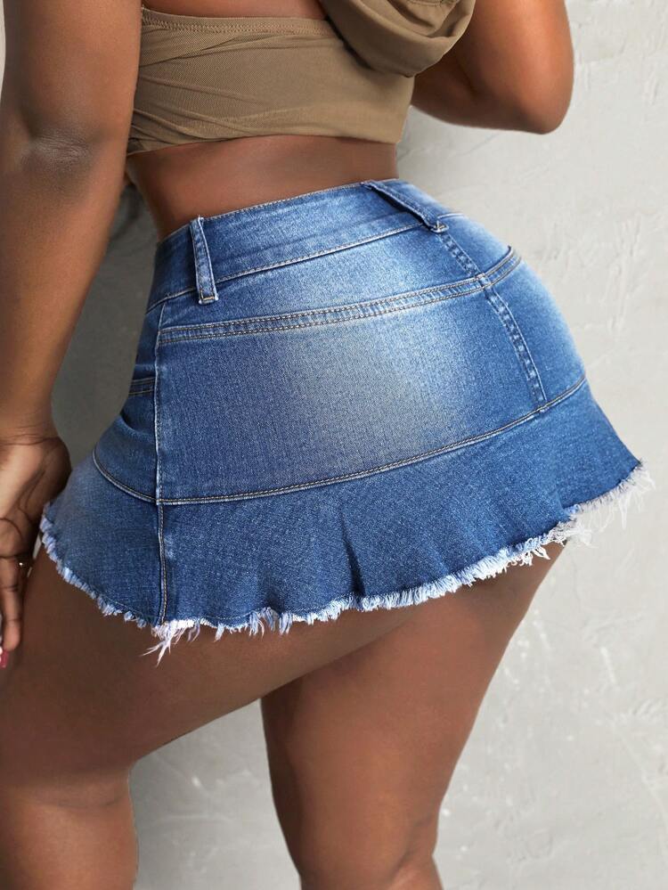 Women's Fashionable Slim Fit A-Line Denim Skirt With Fringe Design